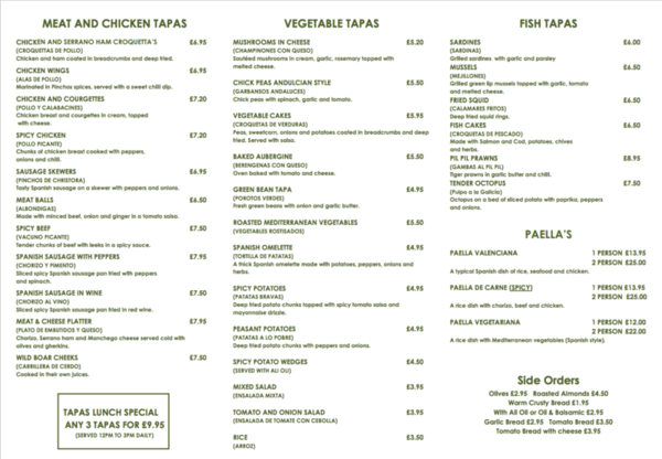 Pinchos Tapas Menu