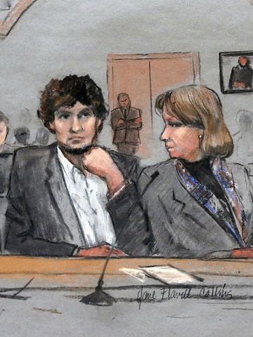 In this courtroom sketch, Dzhokhar Tsarnaev, center,