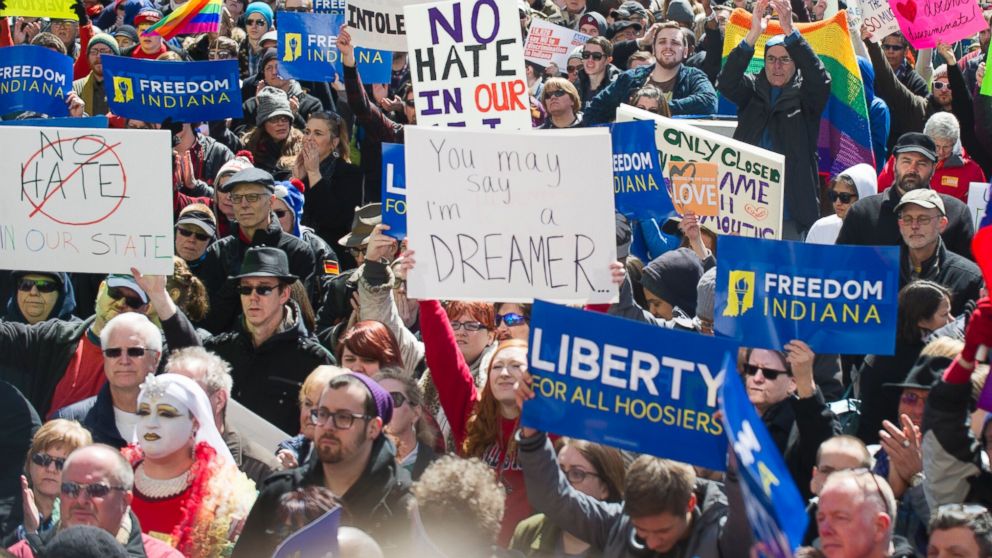 PHOTO: Opponents of Indiana Senate Bill 101, the Religious Freedom Restoration Act, gathered on the lawn of the Indiana State House to rally against that legislation, March 28, 2015.